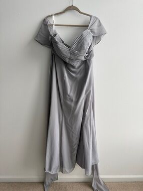 Off-Shoulder Silver-Gray Draped Maxi Dress